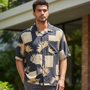 Tori Richard Honolulu Silk Floral Hawaiian Button Down Shirt Black Mens Size L